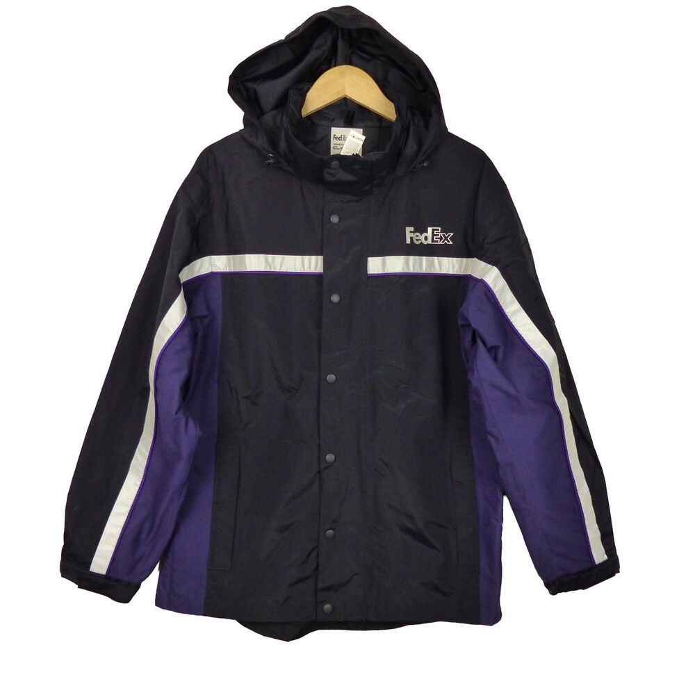 FedEx Reflective Hooded Rain Jacket Zip Windbreaker L Stan Herman VF Imagewear